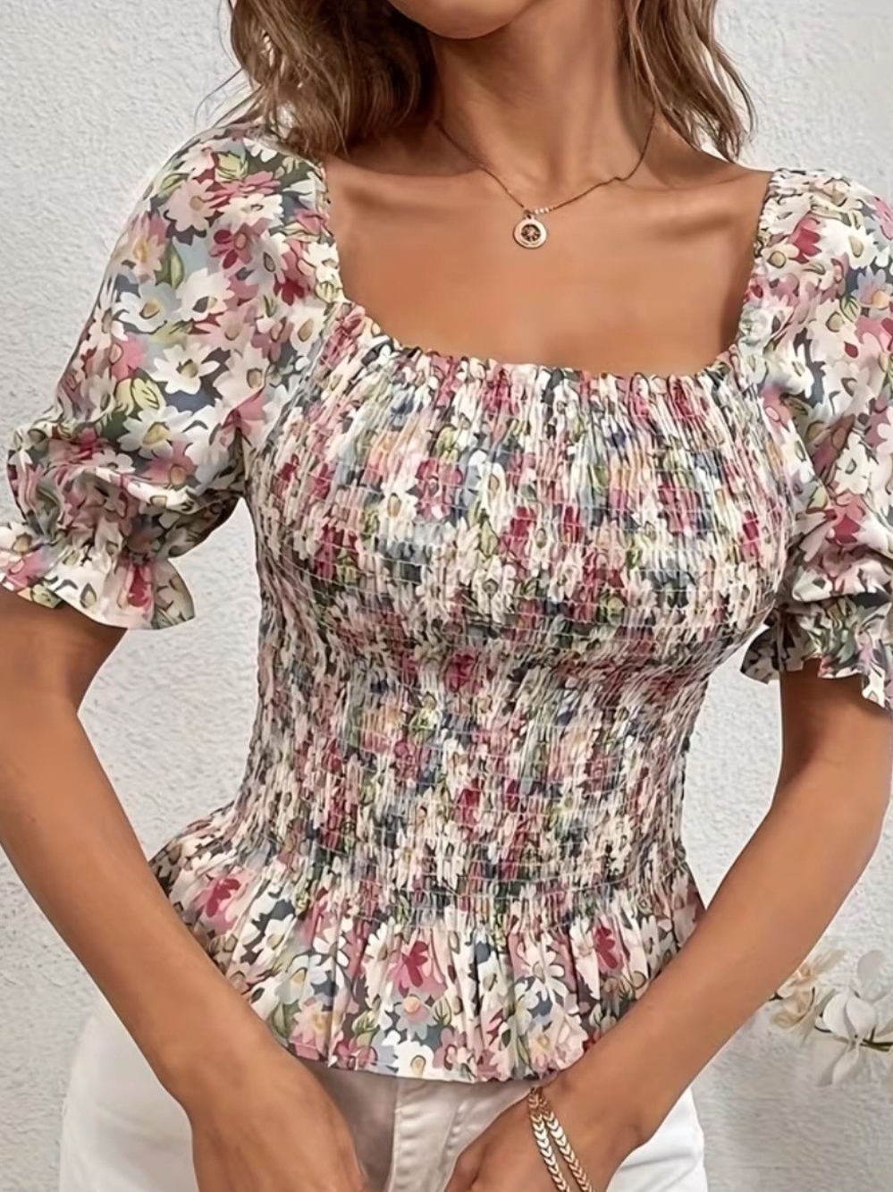 Floral Shirred Square-Neck Blouse- Multi Floral